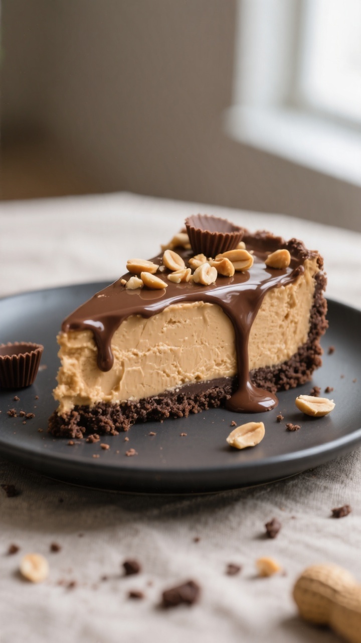 Close-up detail: A chilled slice of no bake peanut butter cheesecake just cut, showing the fluffy, m