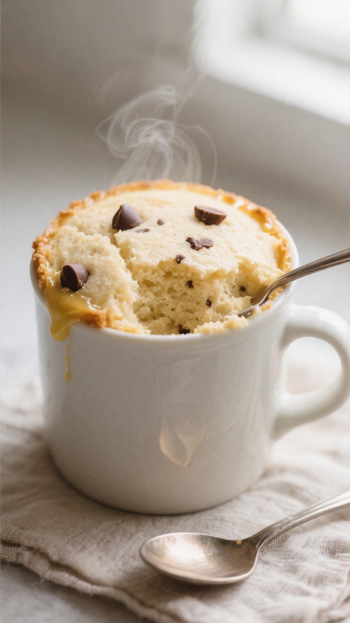 Close-up detail: A freshly microwaved keto vanilla mug cake in a wide, 12-oz ceramic mug, top just s