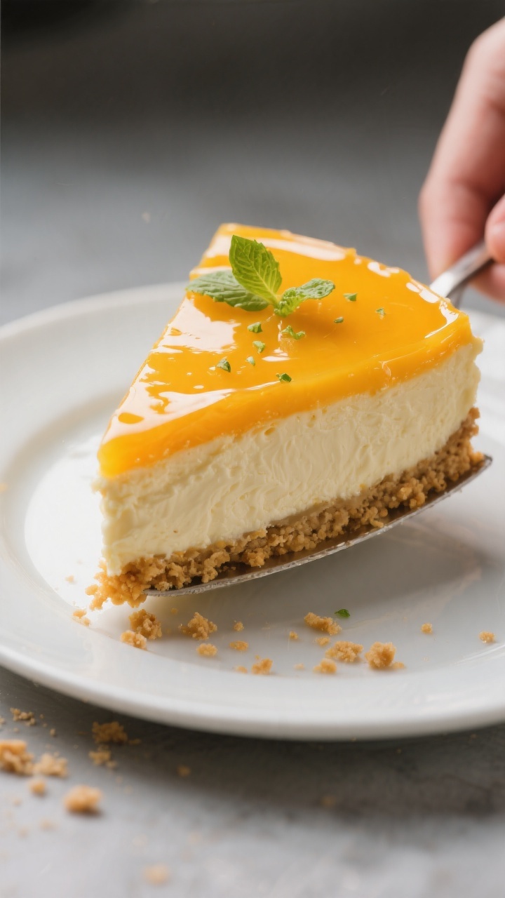 Close-up detail: A glossy, fully set mango-topped no-bake cheesecake slice being lifted cleanly from