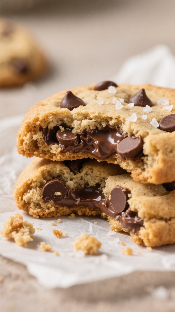 Close-up detail: A just-baked keto chocolate chip cookie broken in half to reveal gooey, sugar-free