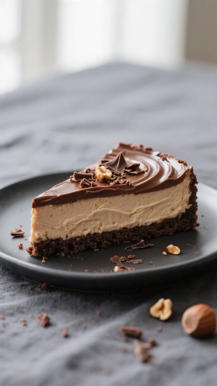 Close-up detail: A pristine slice of No Bake Nutella Cheesecake just after a clean cut, glossy Nutel