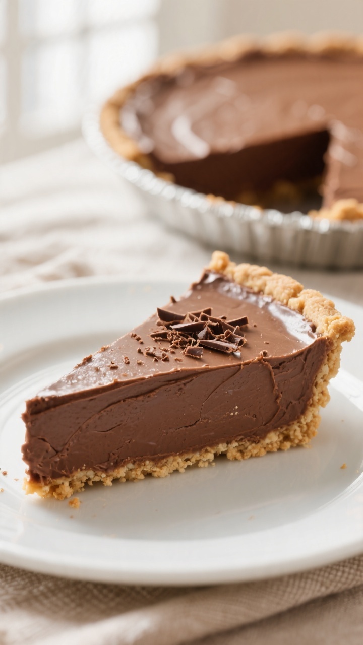Close-up detail: A silky slice of no-bake chocolate pie just cut, with ultra-smooth mousse-like choc