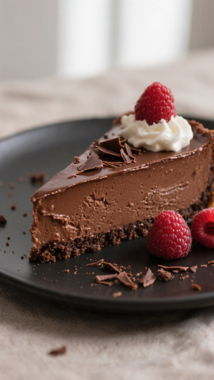 Close-up detail: A silky slice of no-bake chocolate cheesecake just after unmolding, showing the ult