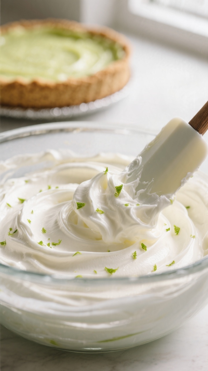 Close-up detail: A spatula gently folding softly whipped cream into a thick, silky key lime filling