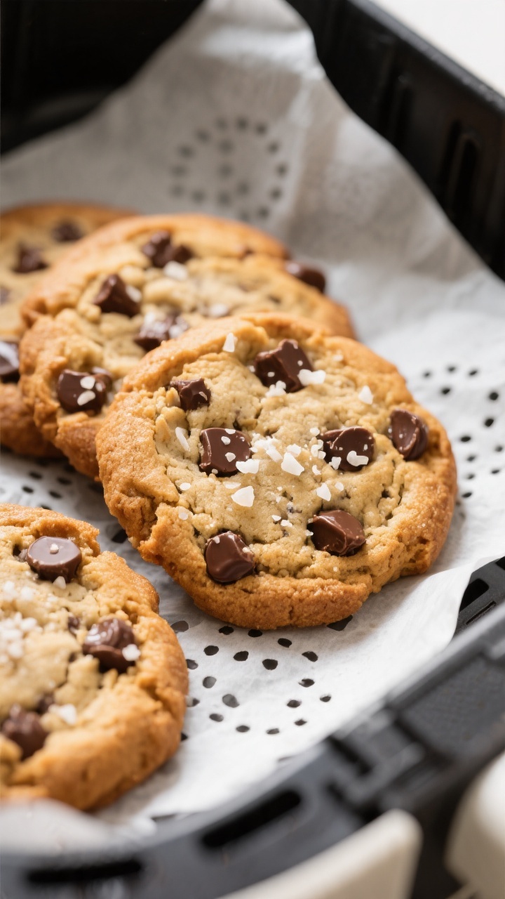 Close-up detail: Air fryer chocolate chip cookies just finished cooking in the basket at 320°F, gol
