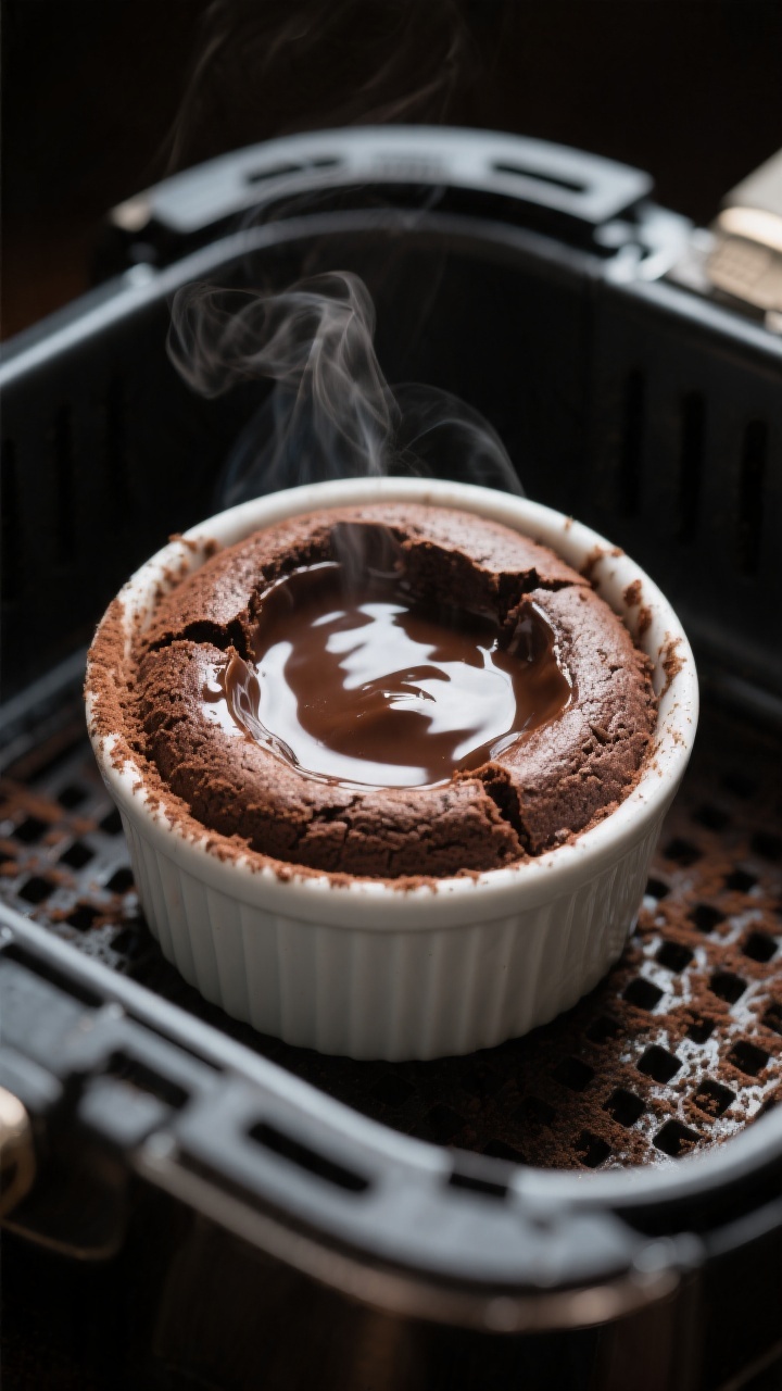 Close-up detail: Freshly air-fried chocolate lava cake still in a small white ramekin inside an open