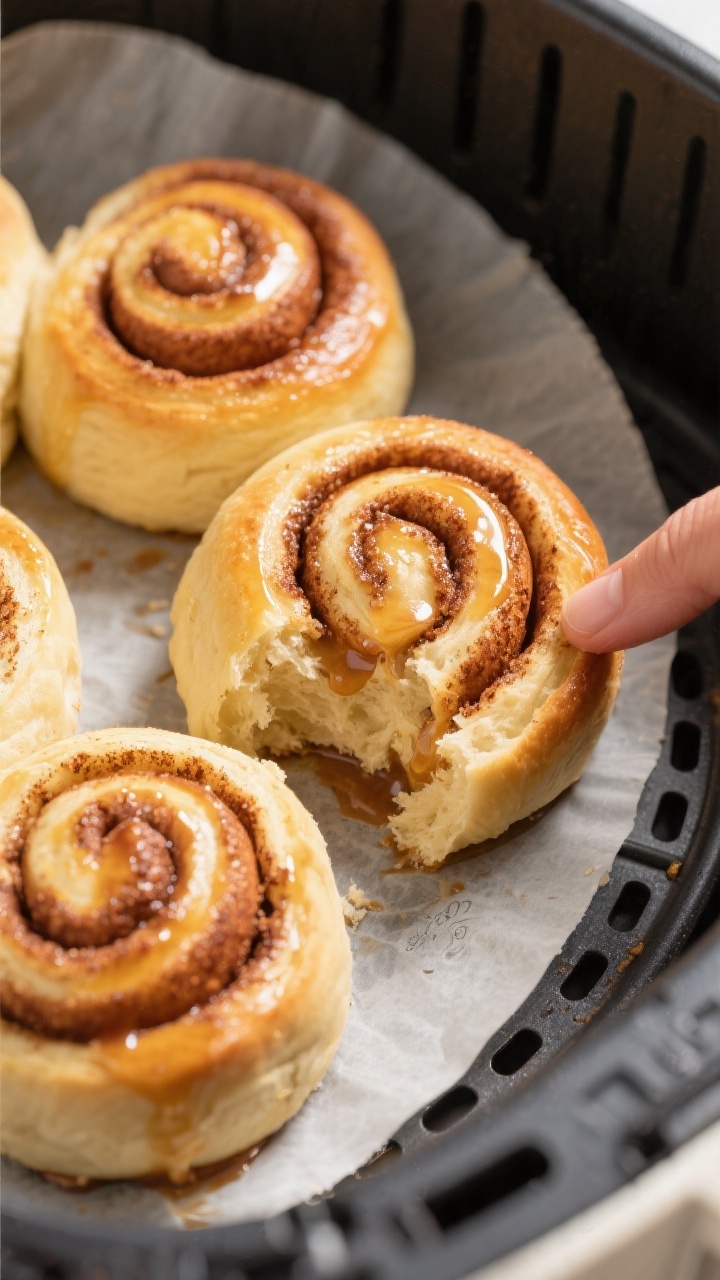 Close-up detail: Freshly air-fried cinnamon rolls just out of the basket at 320°F, golden tops with