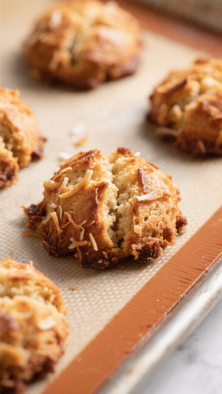 Close-up detail: Freshly baked keto coconut macaroons just out of the oven on a parchment-lined baki