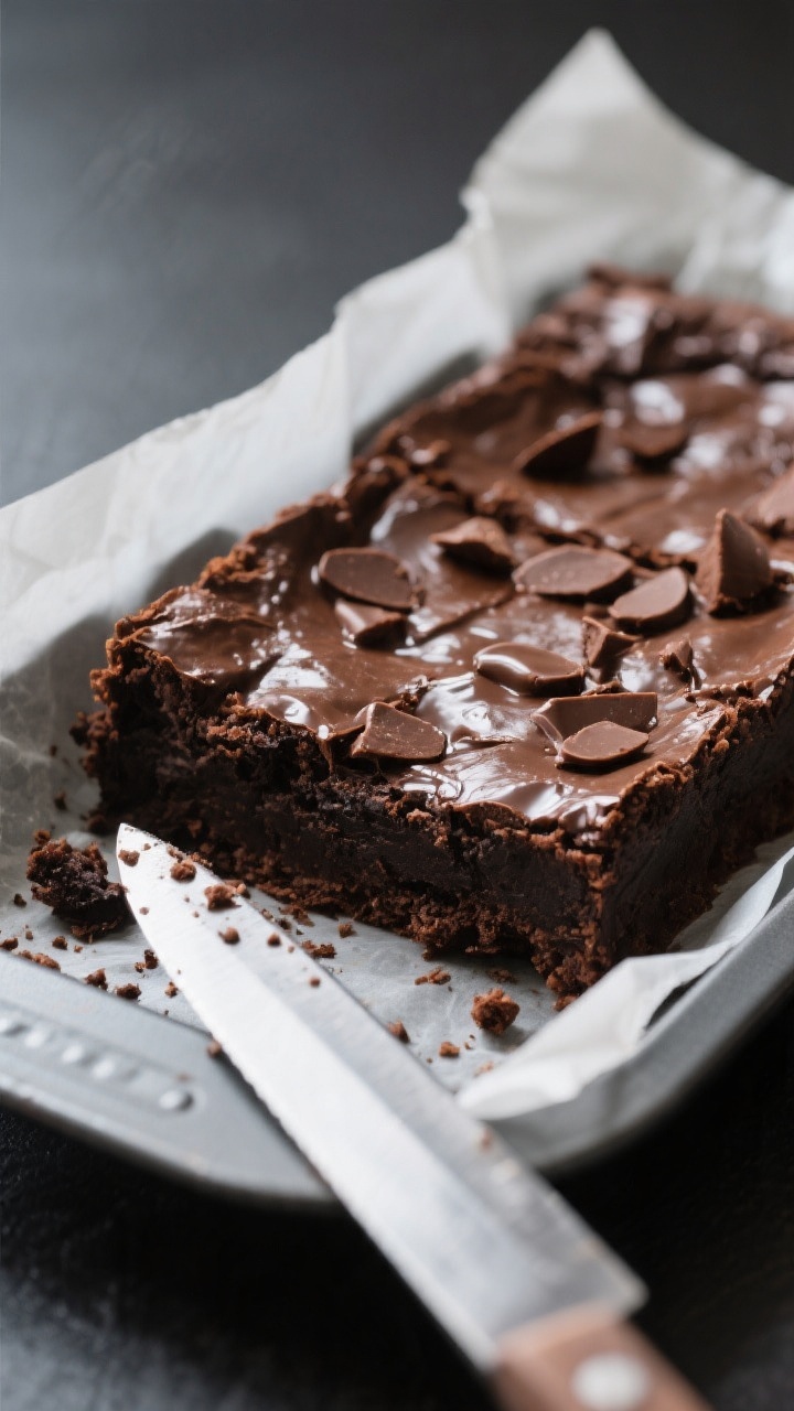 Close-up detail: Fudgy air fryer brownies just out of the pan, corner piece lifted with parchment to