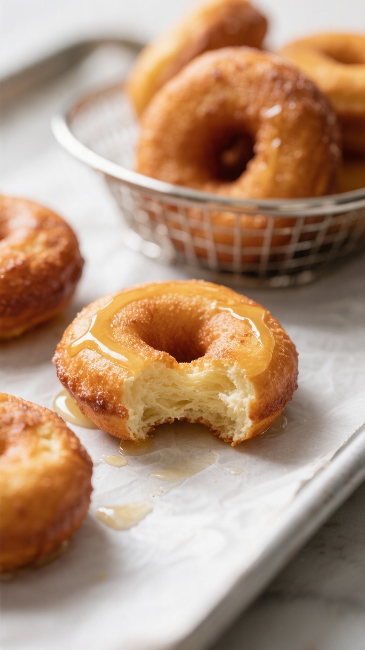 Close-up detail: Golden air-fried yeast donuts just out of the basket, surfaces lightly blistered an