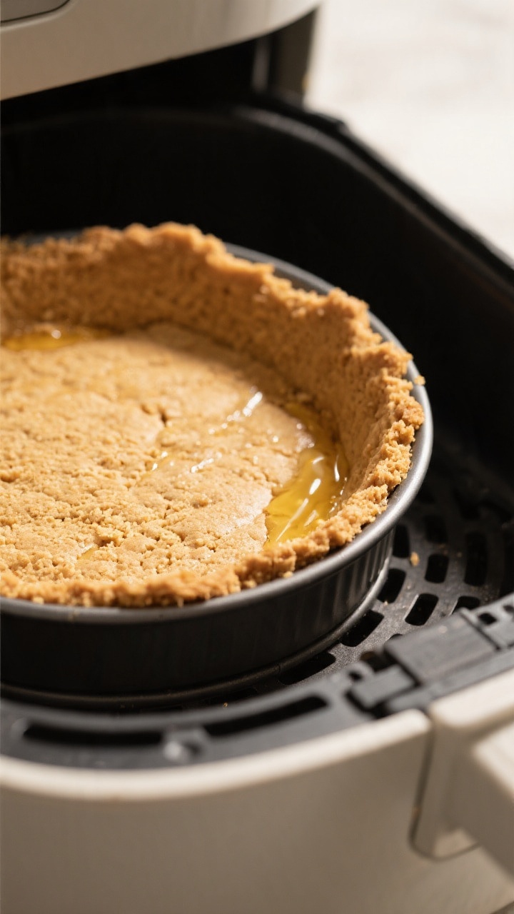 Close-up detail: Golden, par-baked graham cracker crust pressed into a 6–7 inch springform pan, sh