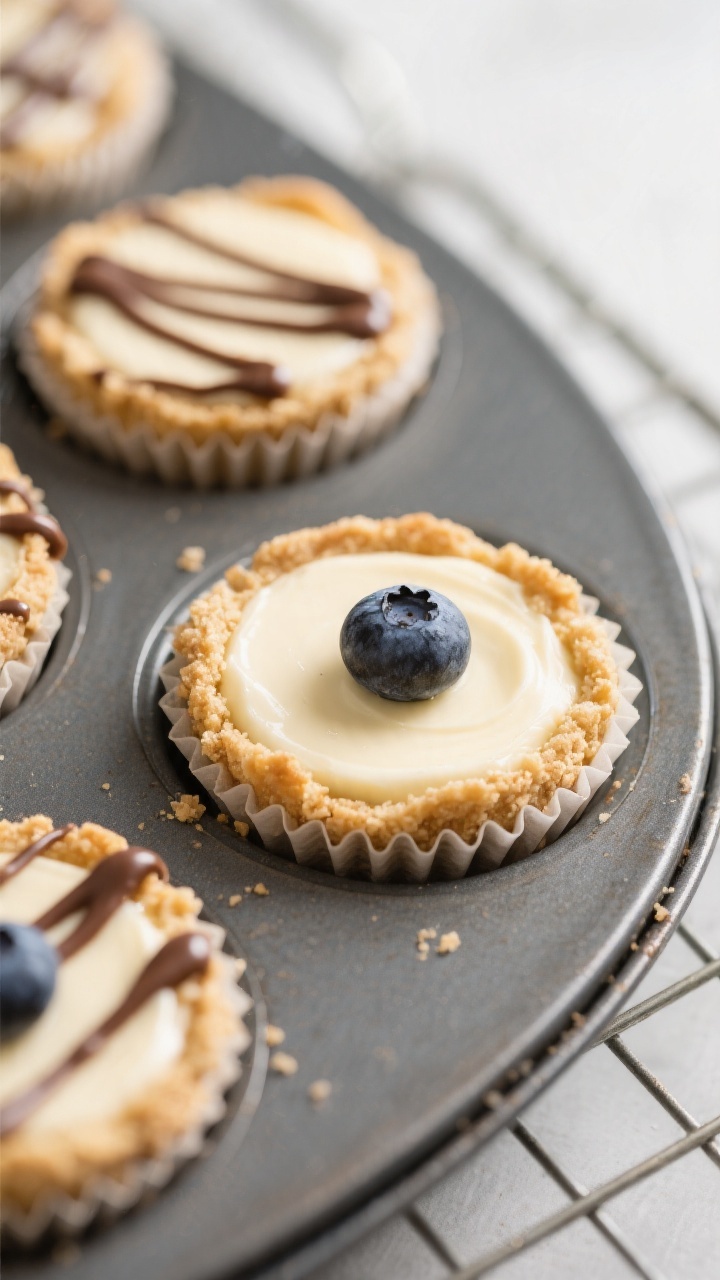 Close-up detail of freshly baked Keto Cheesecake Bites still in a lined mini muffin pan after par-ba