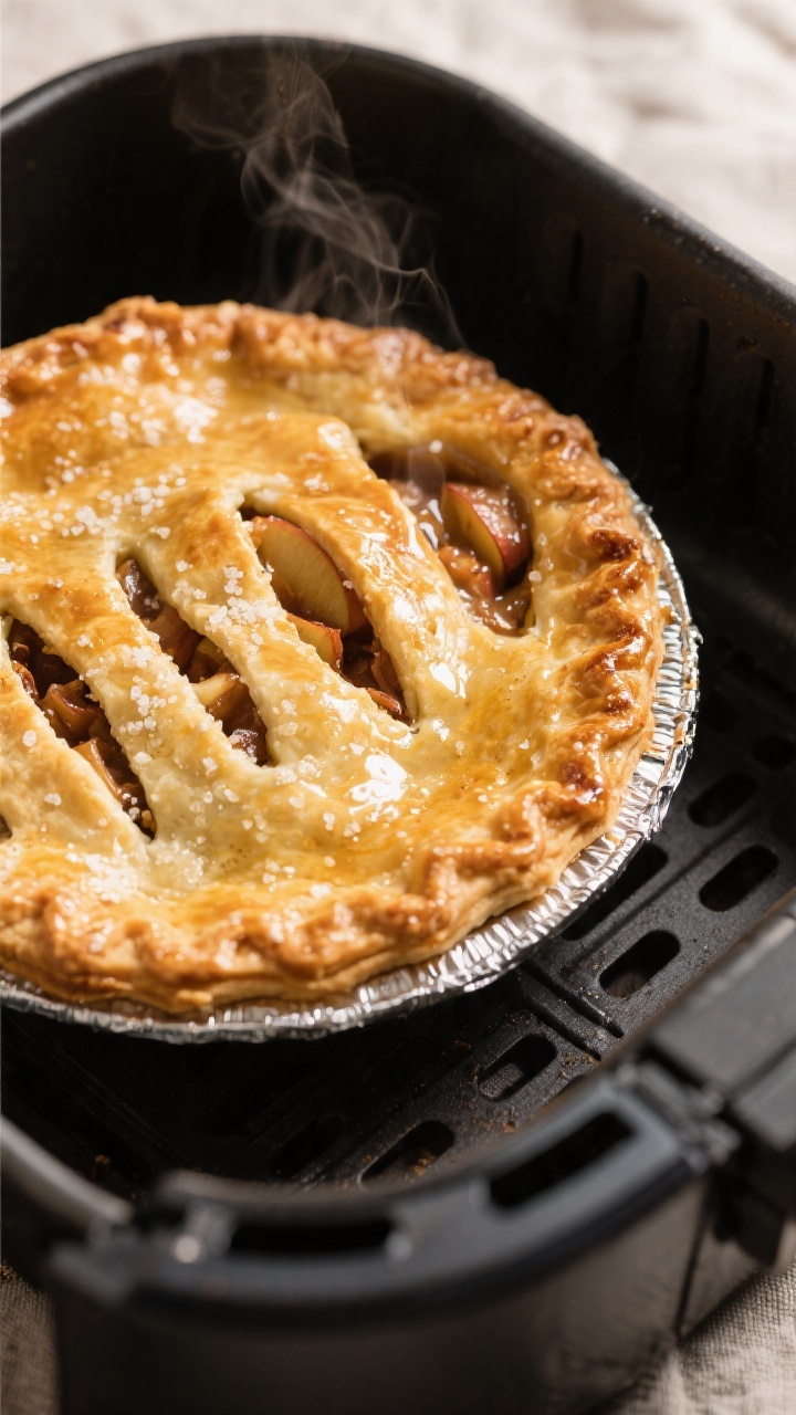 Close-up detail shot: A freshly air-fried 6–7 inch apple pie just out of the basket, deep golden,