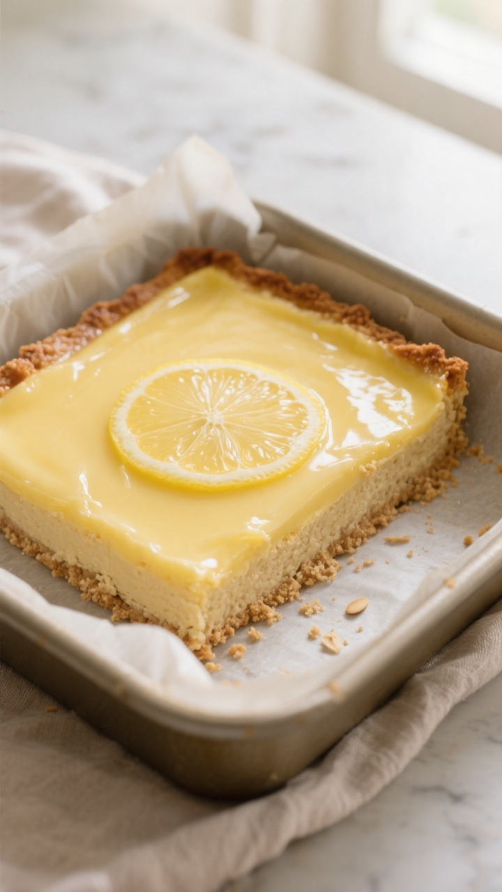 Close-up detail shot: A just-baked lemon custard layer settling over a lightly golden almond flour s