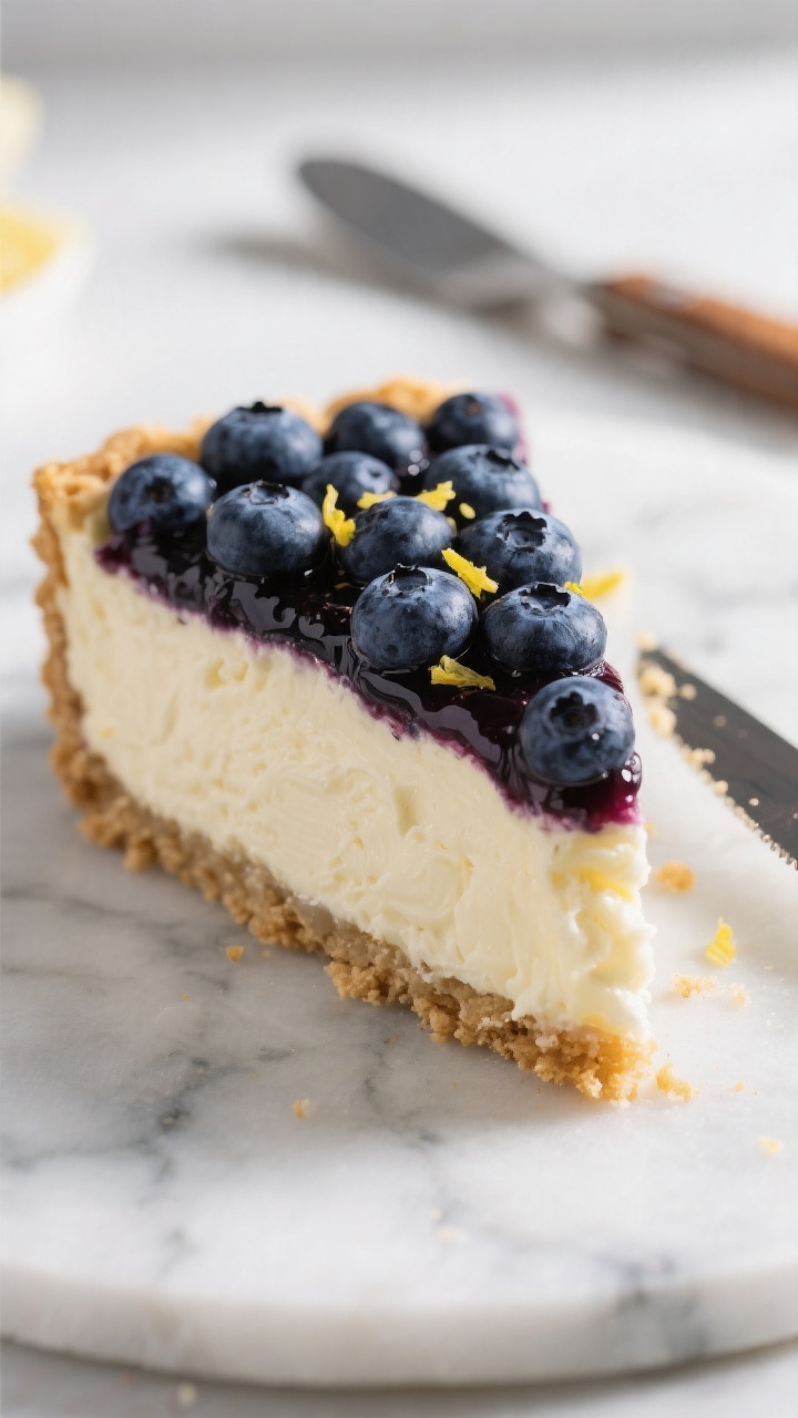 Close-up detail shot of a slice of no bake blueberry cheesecake just after release from a springform