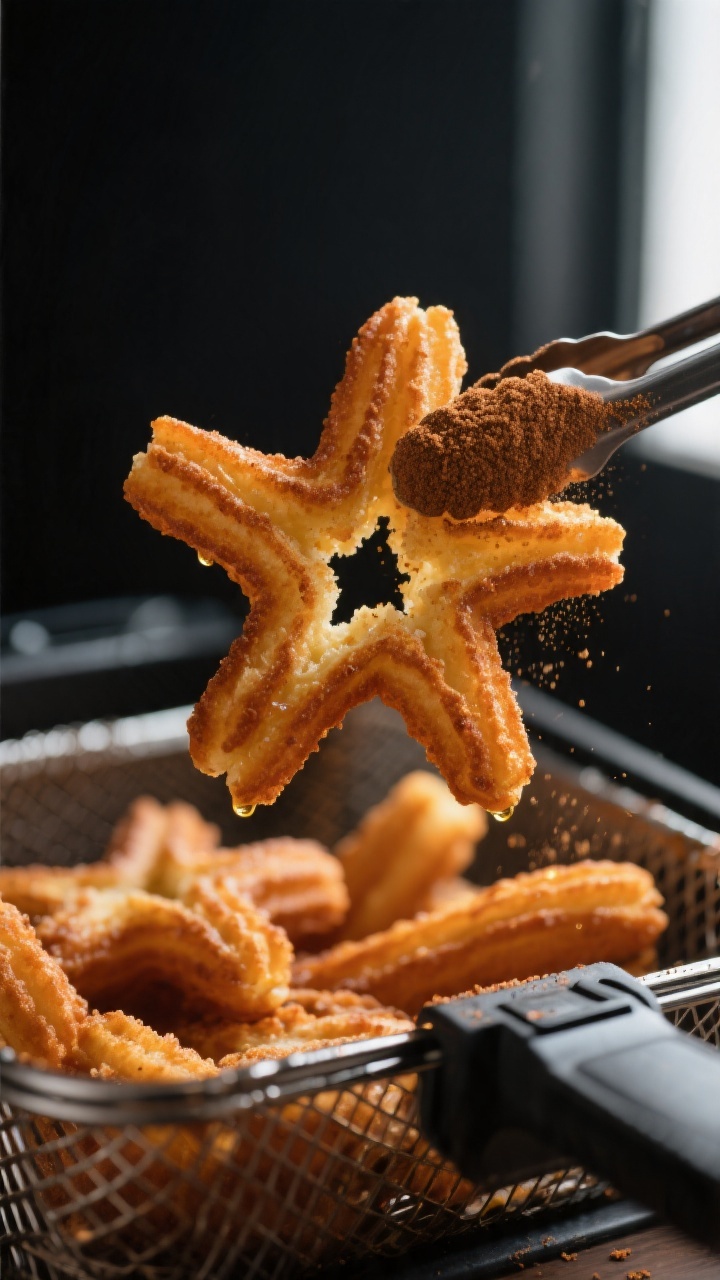Close-up detail shot of freshly air-fried churros just out of the basket at 375°F, golden brown wit