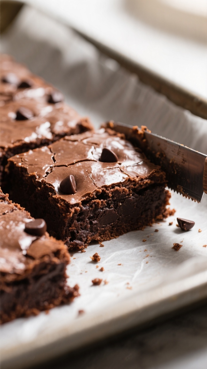 Close-up detail shot of fudgy keto brownies just sliced from the pan, showing a shiny, crackly top a