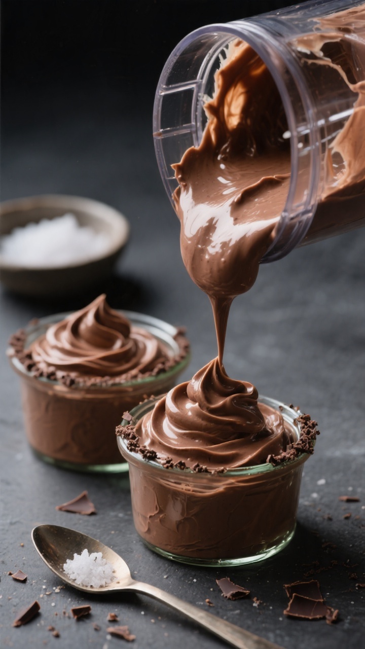 Close-up detail shot of silky keto chocolate avocado mousse being scraped from a blender jar into sm