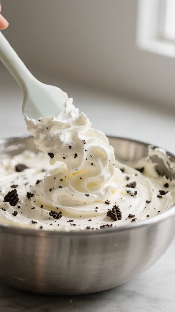 Close-up detail shot of the no-bake Oreo cheesecake filling being folded together: airy whipped crea
