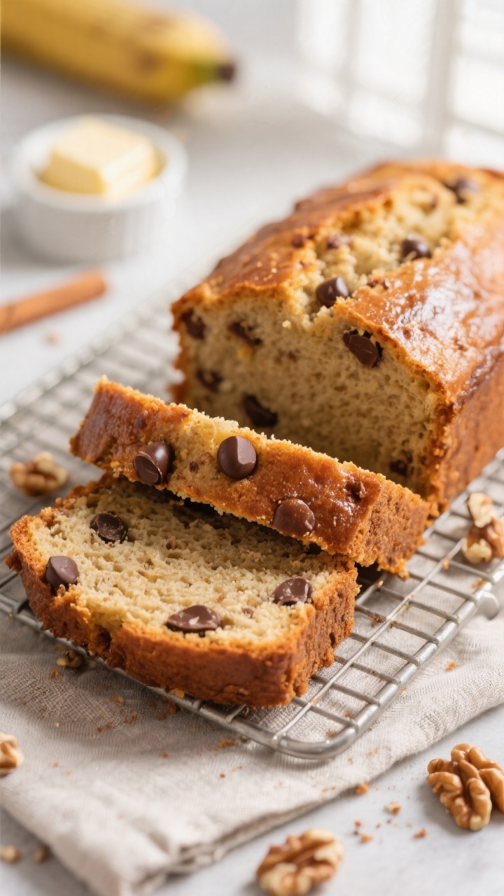 Close-up detail shot: Sliced air fryer banana bread on a cooling rack, focus on the tender, moist cr
