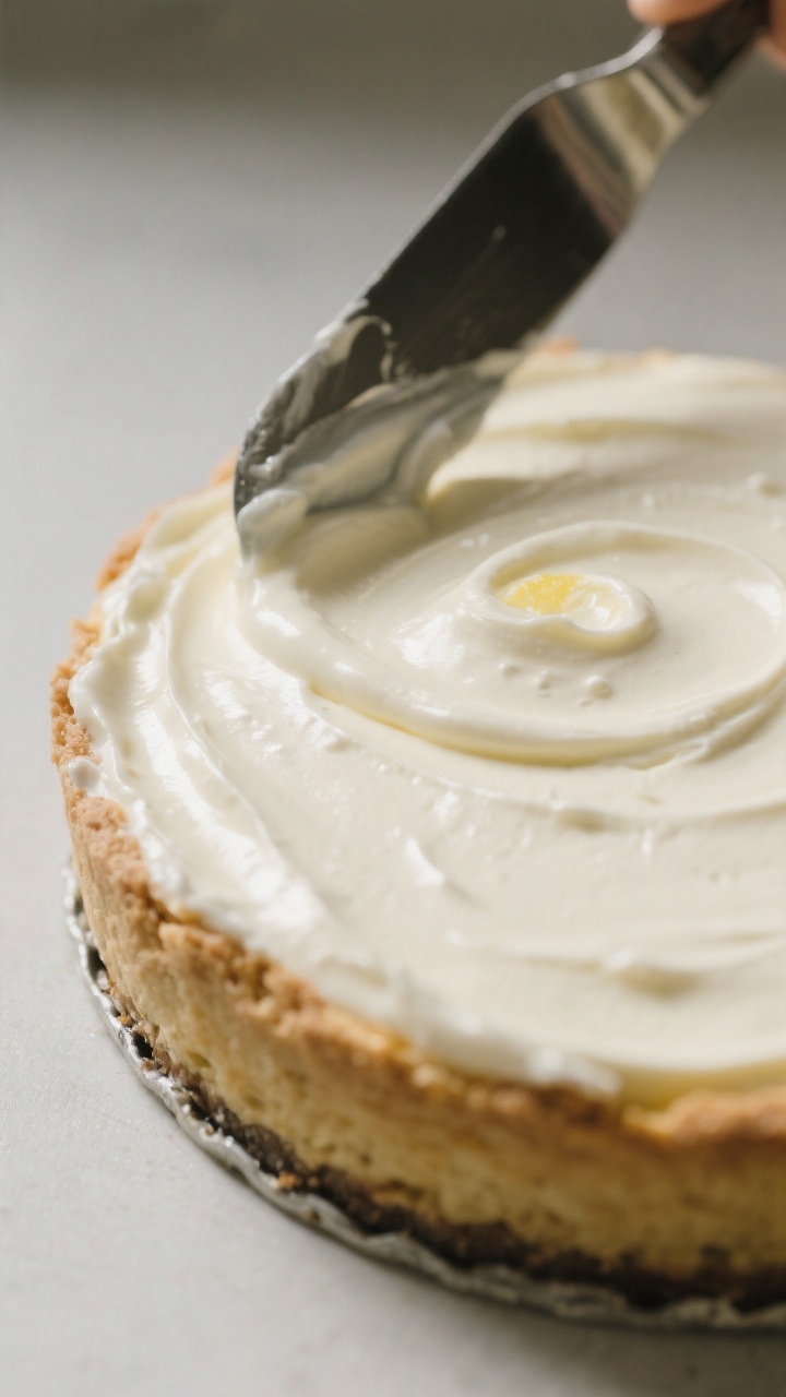 Close-up detail: Silky cheesecake filling being poured and smoothed over the cooled crust, air bubbl