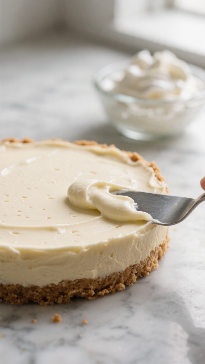 Close-up detail: Silky no-bake cheesecake filling being smoothed into a chilled graham cracker crust