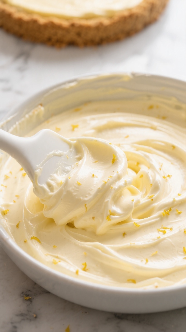 Close-up detail: Silky no-bake lemon cheesecake filling being folded with whipped cream in a large b