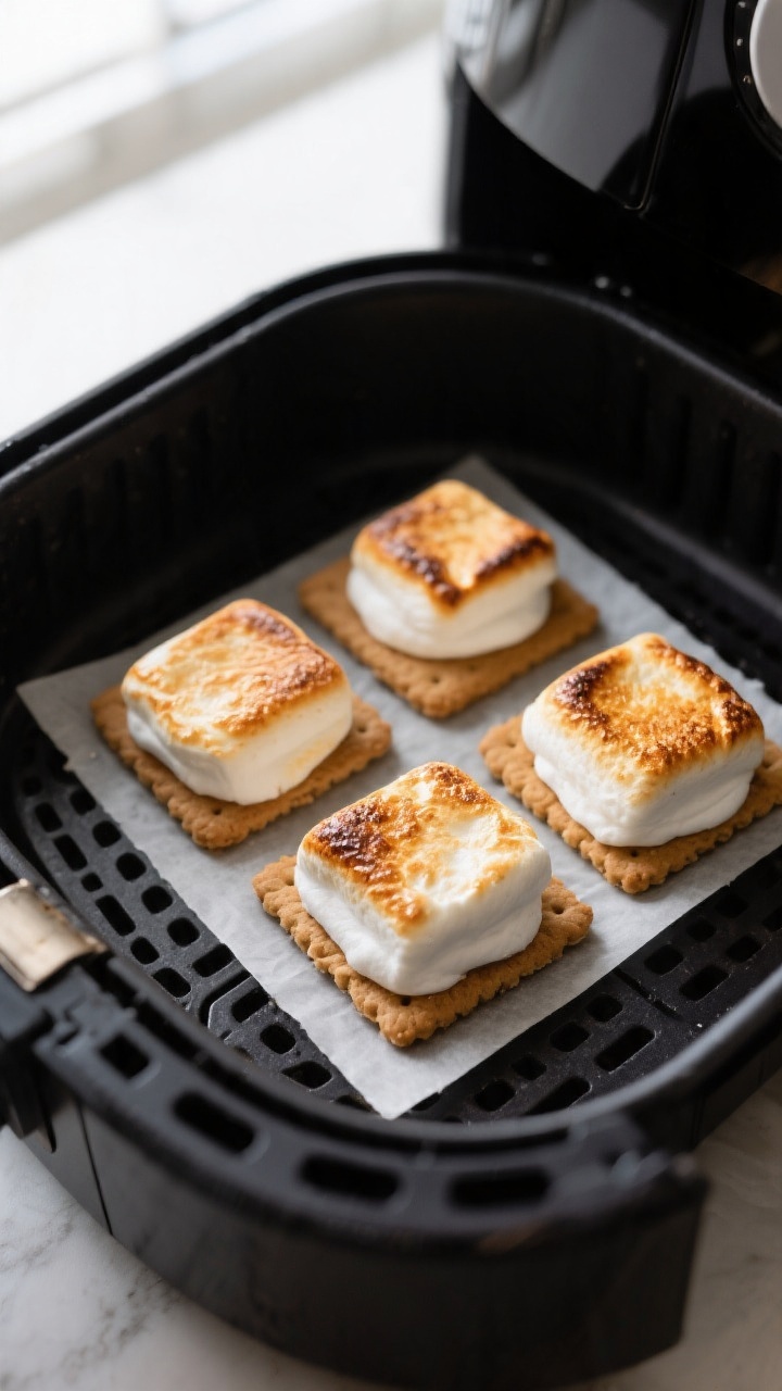 Close-up process shot: Air fryer basket with four assembled graham cracker bases, each topped with a