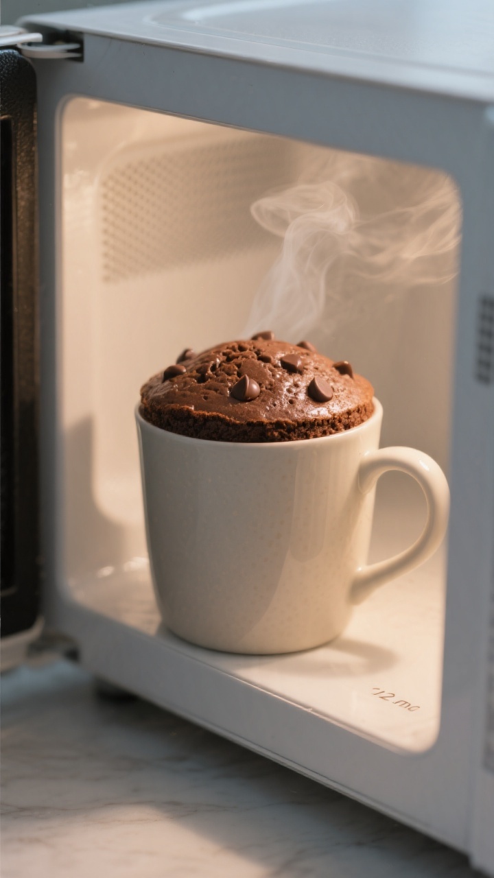 Cooking process close-up: A wide, 12-oz ceramic mug in a microwave just finished cooking a keto choc