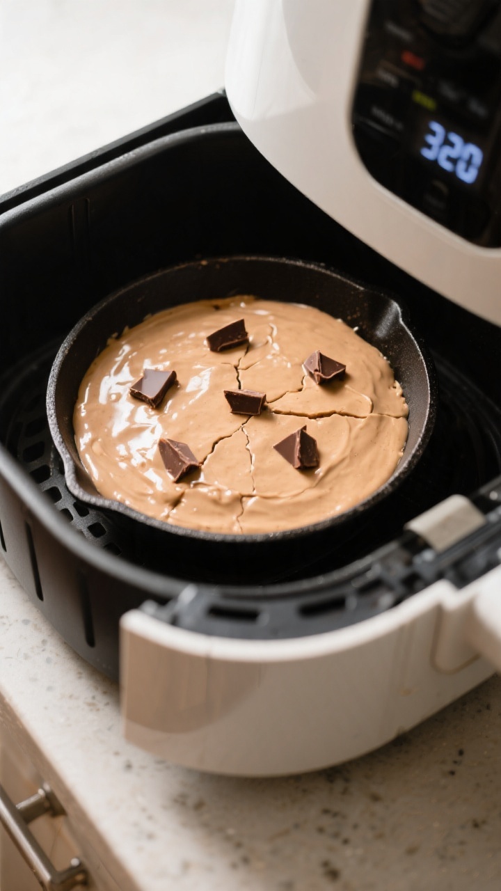 Cooking process: Overhead shot of a small 6–7 inch round pan inside an air fryer basket at 320°F,
