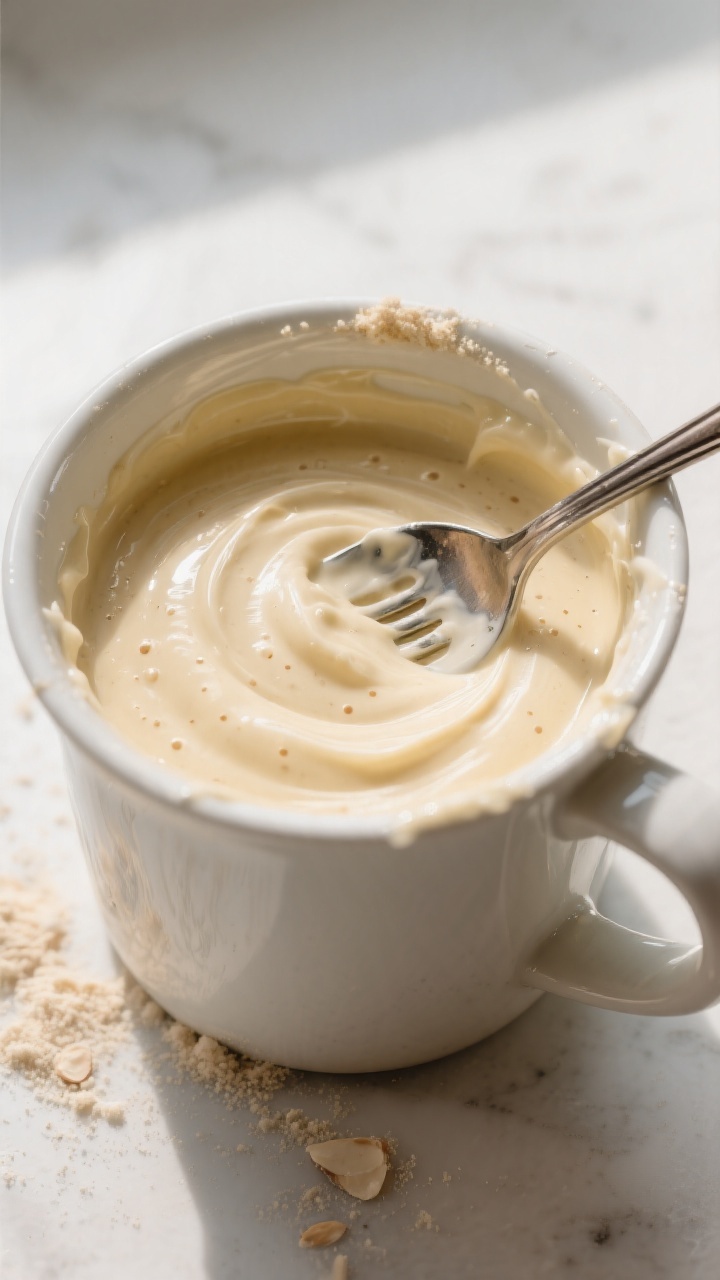 Cooking process: Overhead shot of the batter stage inside a butter-coated mug just after mixing—th