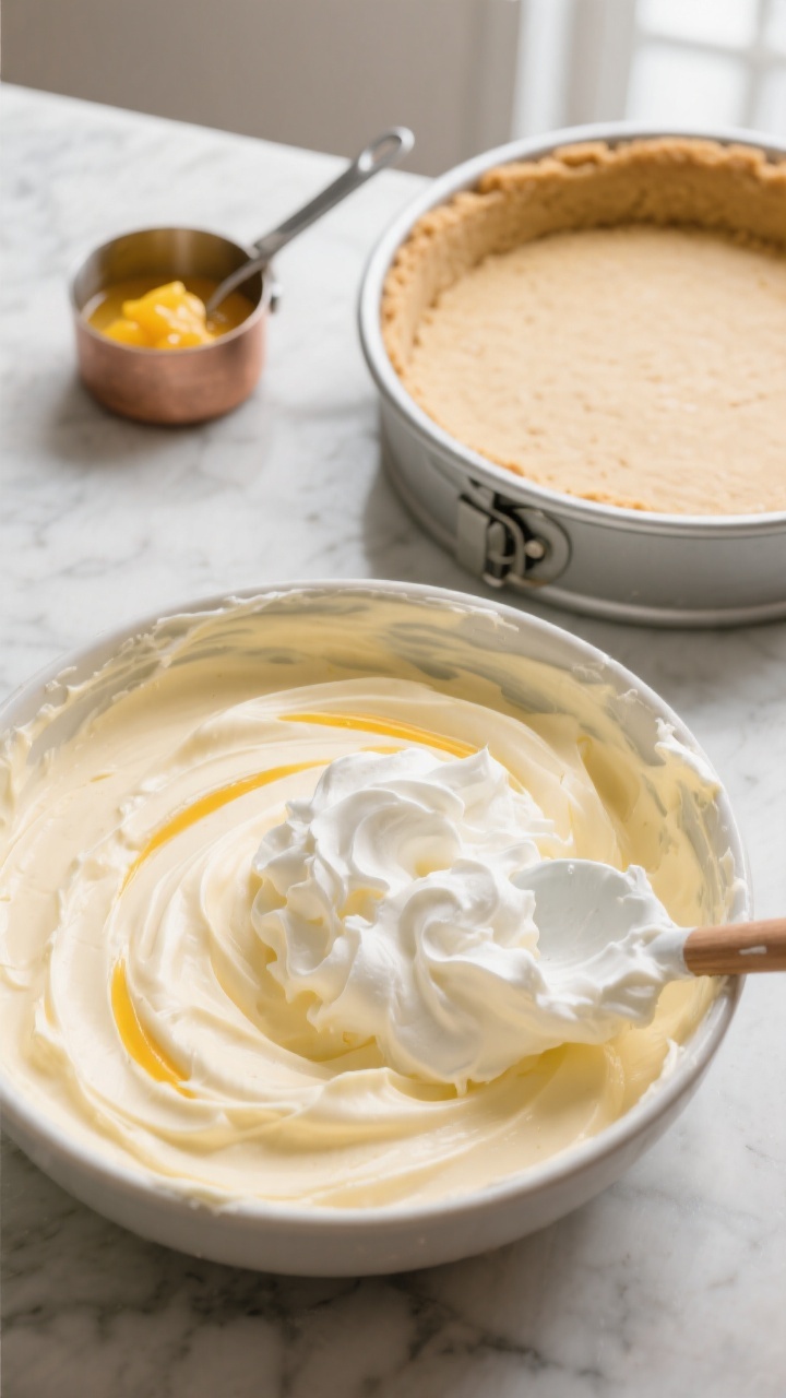 Cooking process: Overhead shot of the cheesecake filling stage—smooth mango-cream cheese mixture i