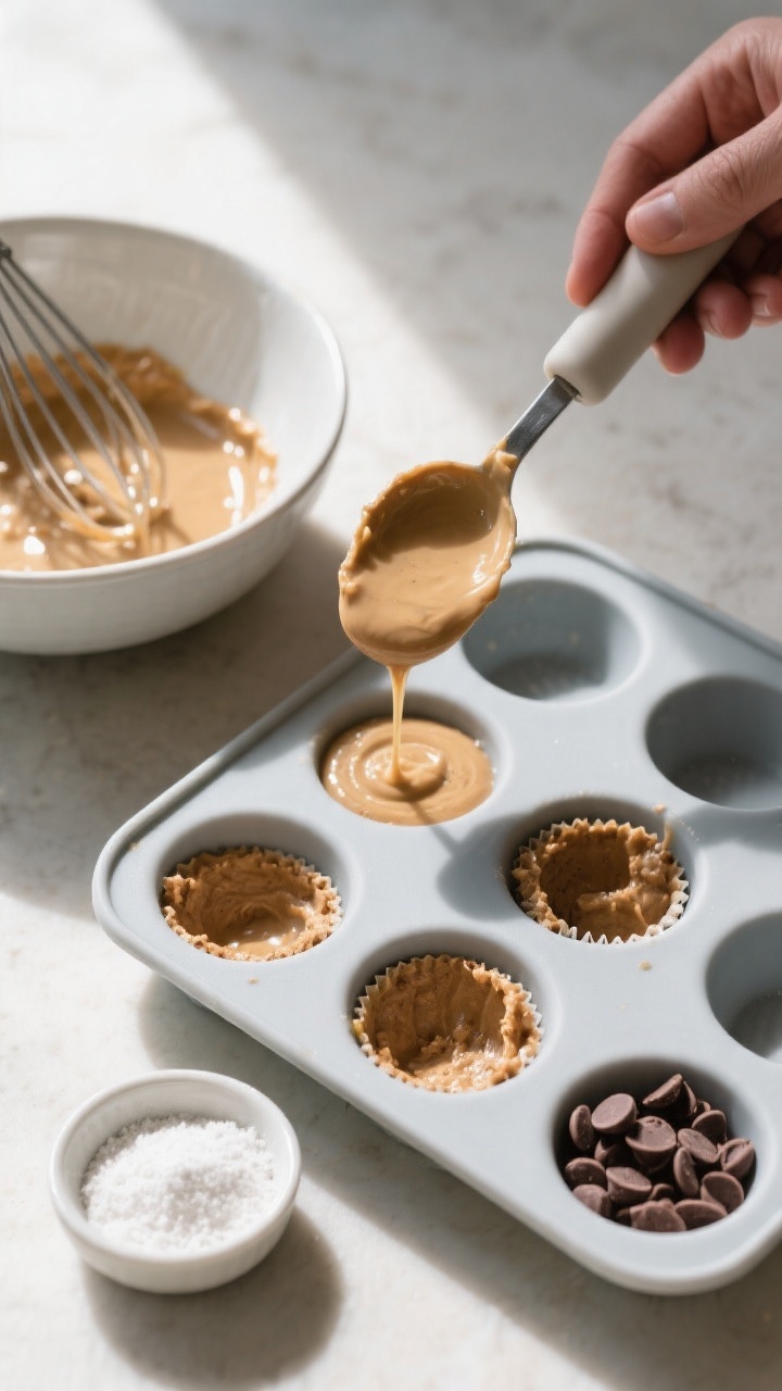 Cooking process: Overhead shot of the peanut butter mixture being portioned into a silicone mini muf