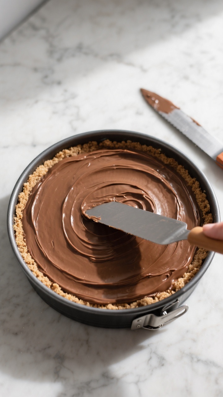 Cooking process: Overhead shot of the prepared cheesecake in a 9-inch springform pan during the smoo
