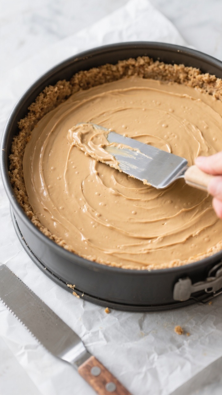 Cooking process: Overhead shot of the springform pan filled and smoothed, showing the silky peanut b