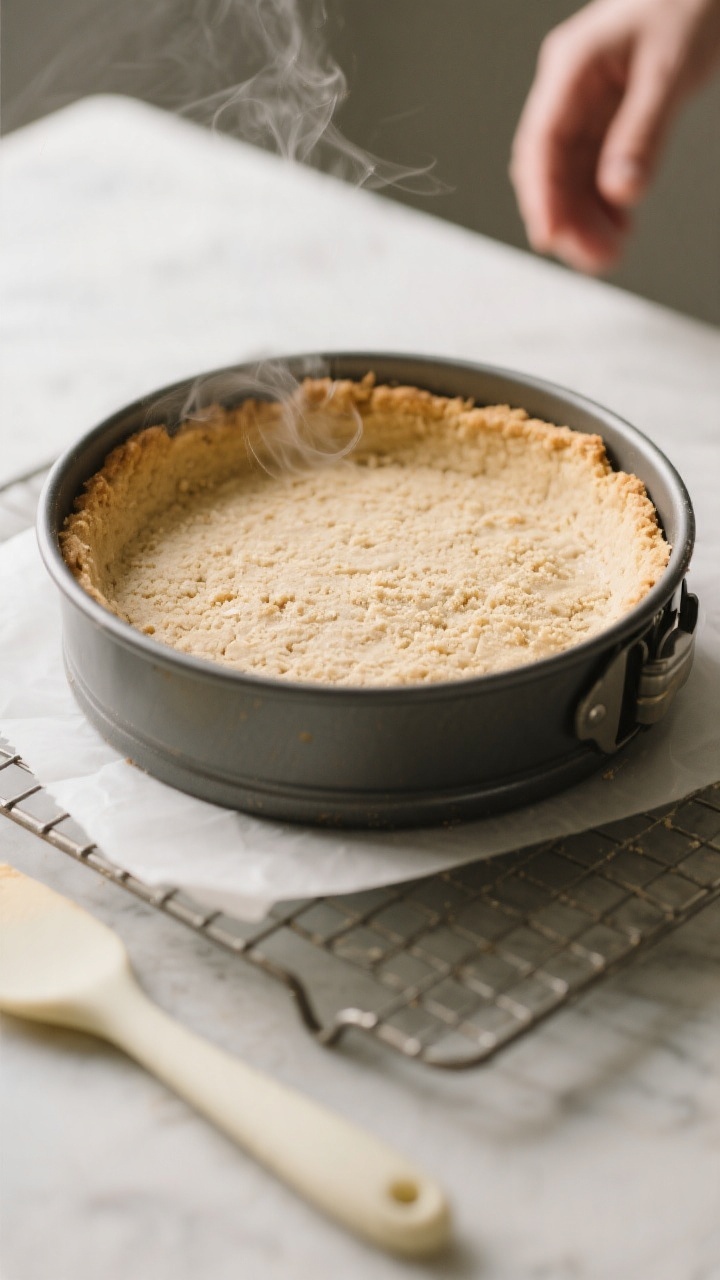 Cooking process shot: A 9-inch springform pan with a freshly par-baked almond flour crust, edges lig