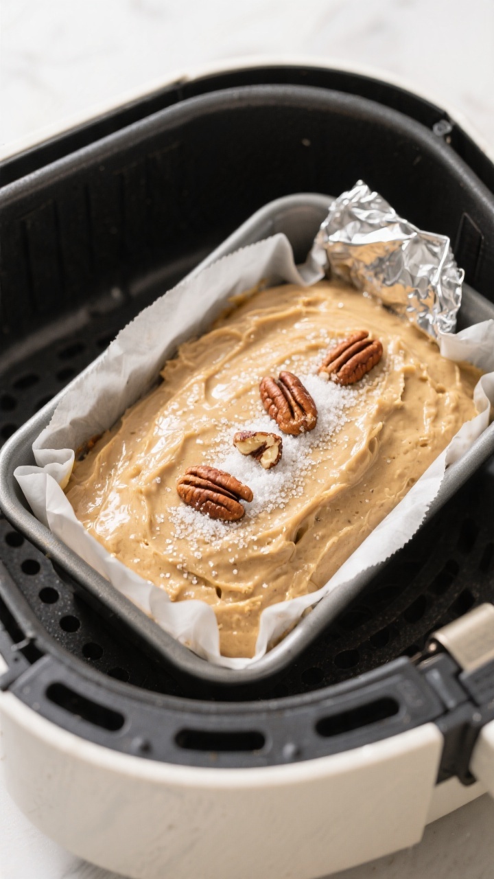 Cooking process shot: Mini loaf pan of banana bread batter just set in an air fryer basket at 320°F
