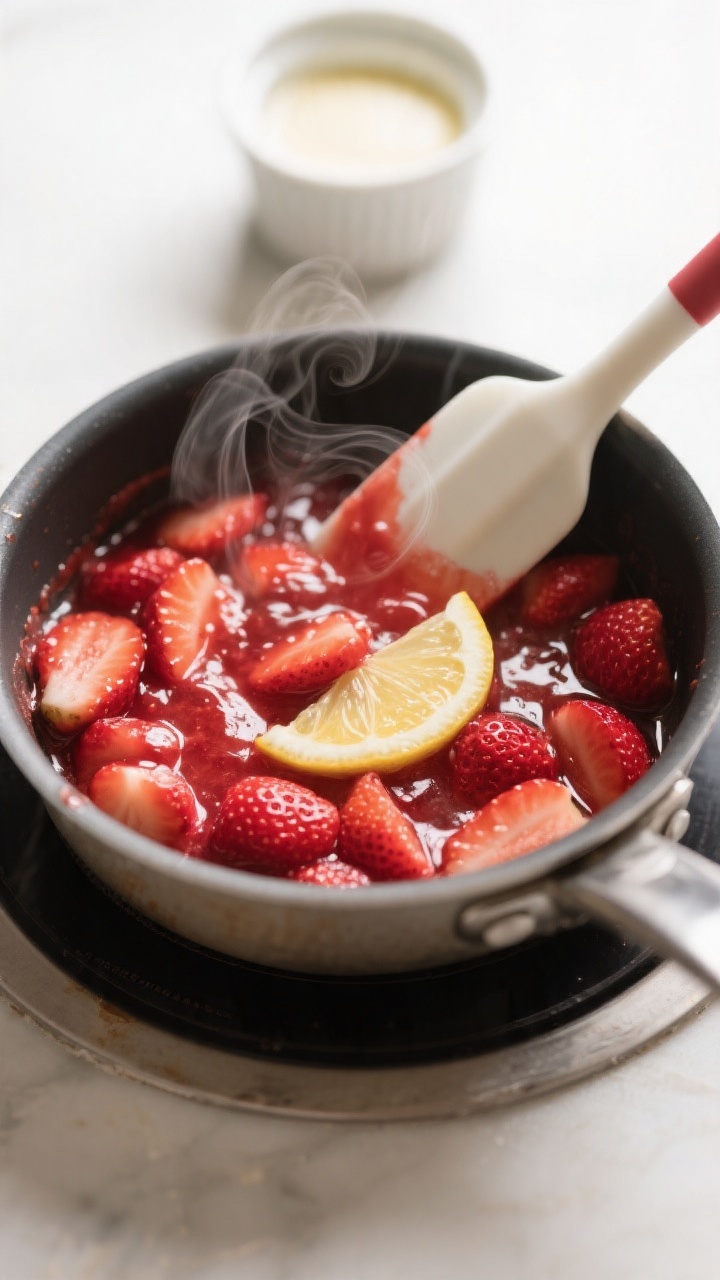 Cooking process: Strawberry topping in a small saucepan mid-simmer, berries softened and glossy with
