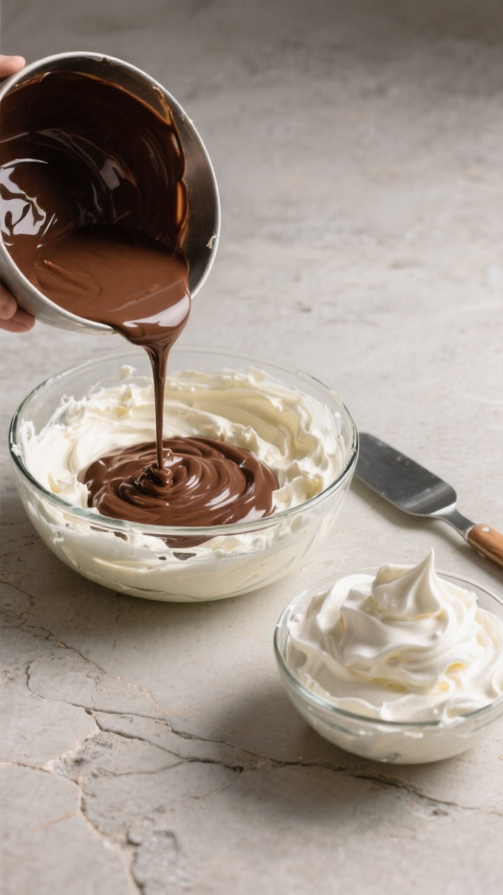Cooking process: The chocolate-cream cheese base being combined—cooled, glossy melted semisweet/bi