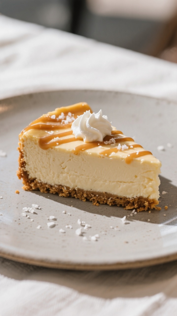 Final dish beauty: Three-quarter angle of a single plated slice of New York–style air fryer cheese
