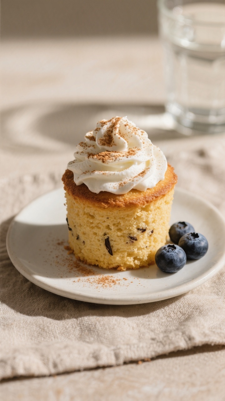 Final dish, plated: Restaurant-quality presentation of the finished keto vanilla mug cake gently rel