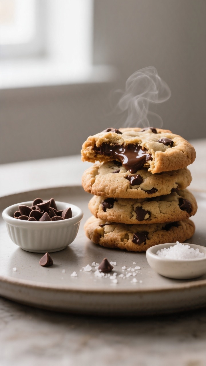 Final dish presentation: Beautifully plated air fryer chocolate chip cookies stacked on a matte cera