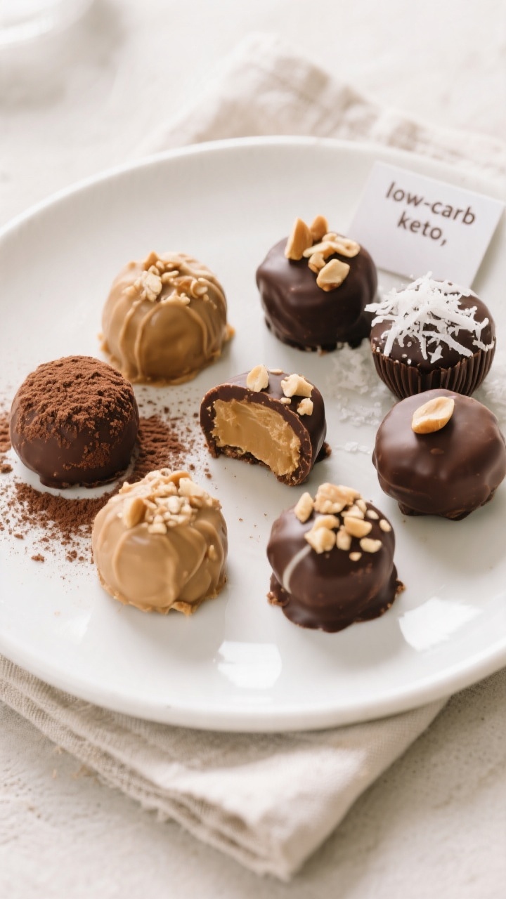 Final dish presentation: Beautifully plated assortment of finished Keto Peanut Butter Fat Bomb varia