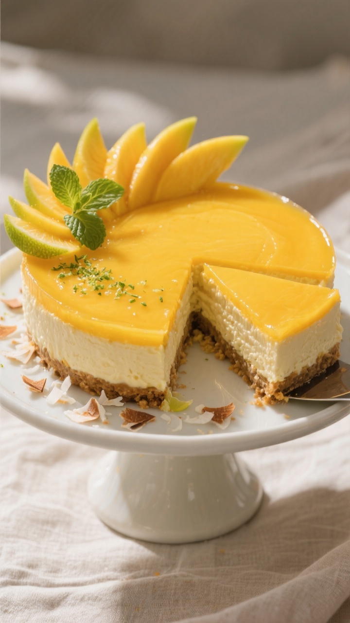 Final dish presentation: Beautifully plated full no-bake mango cheesecake on a cake stand, top layer