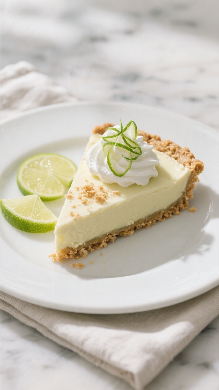Final dish presentation: Beautifully plated slice of no-bake key lime pie on a white ceramic plate;