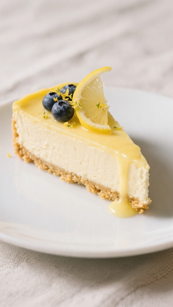 Final dish presentation: Beautifully plated slice of no-bake lemon cheesecake with neat, sharp edges