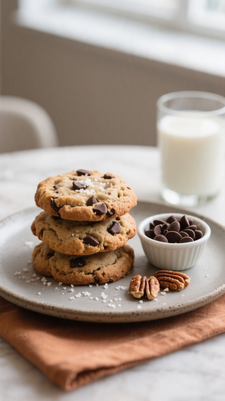 Final dish presentation: Restaurant-quality plate of three stacked keto chocolate chip cookies on a