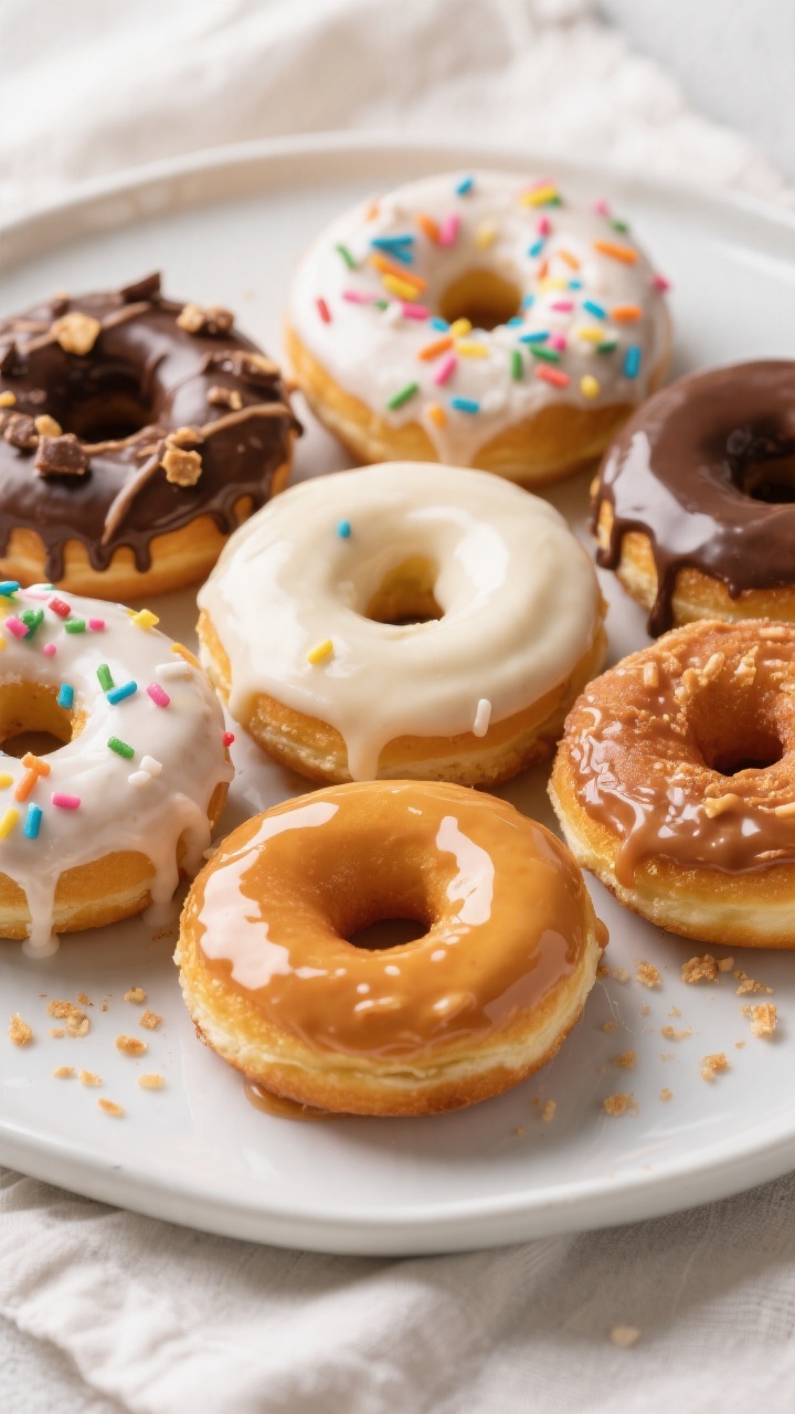 Final dish presentation: Restaurant-quality plate of assorted glazed air fryer donuts—half vanilla