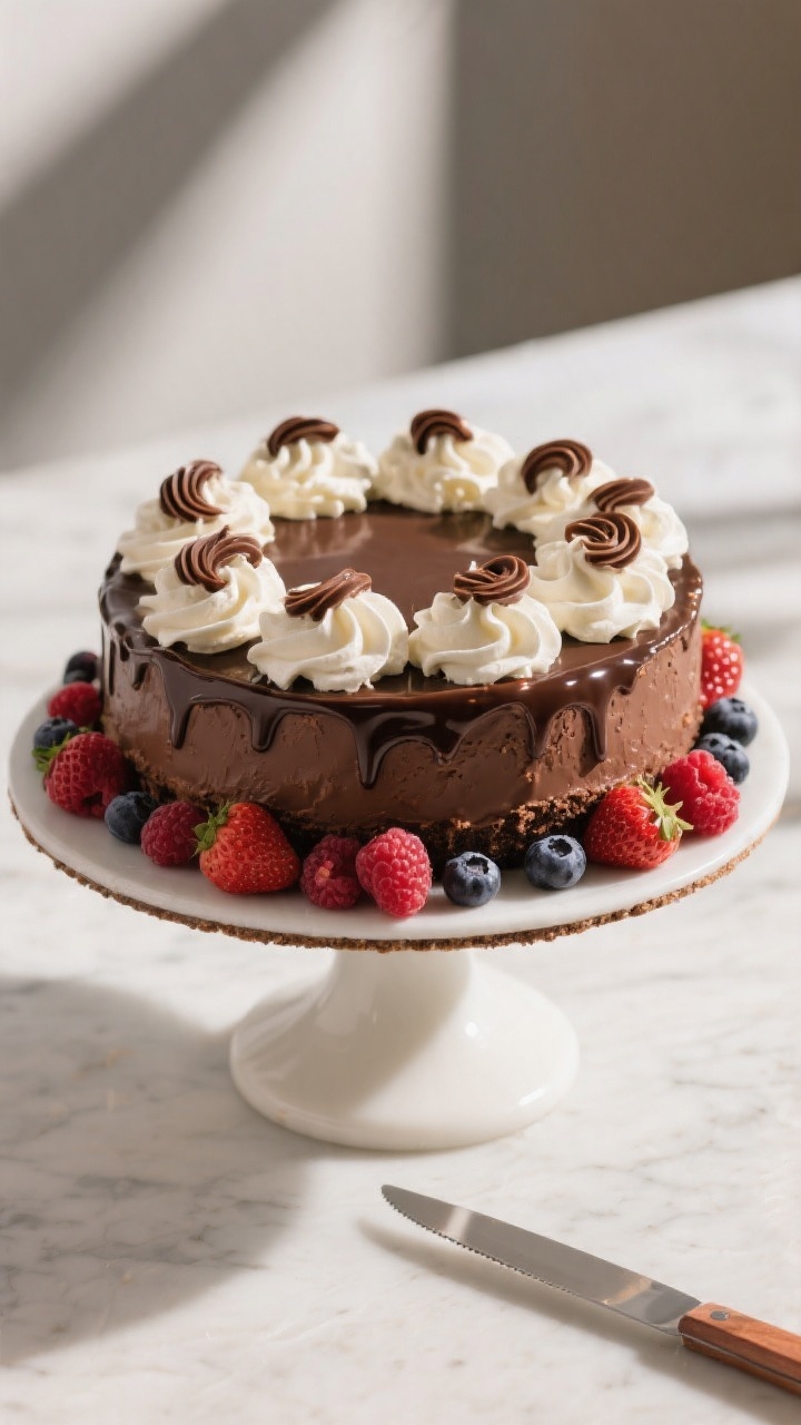 Final dish presentation: Restaurant-quality whole no-bake chocolate cheesecake on a cake stand, neat