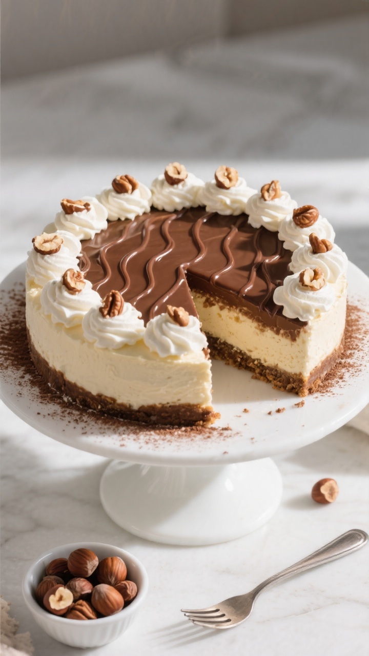 Final dish presentation: Restaurant-quality whole No Bake Nutella Cheesecake released from the sprin